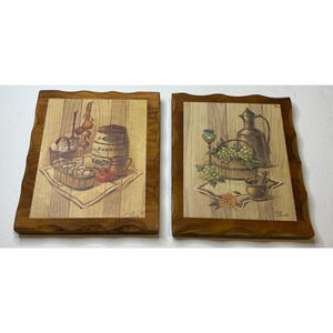 Pair of Vintage Wooden Wall Art Plaques Fruit Basket & Cookie Barrel by Chad